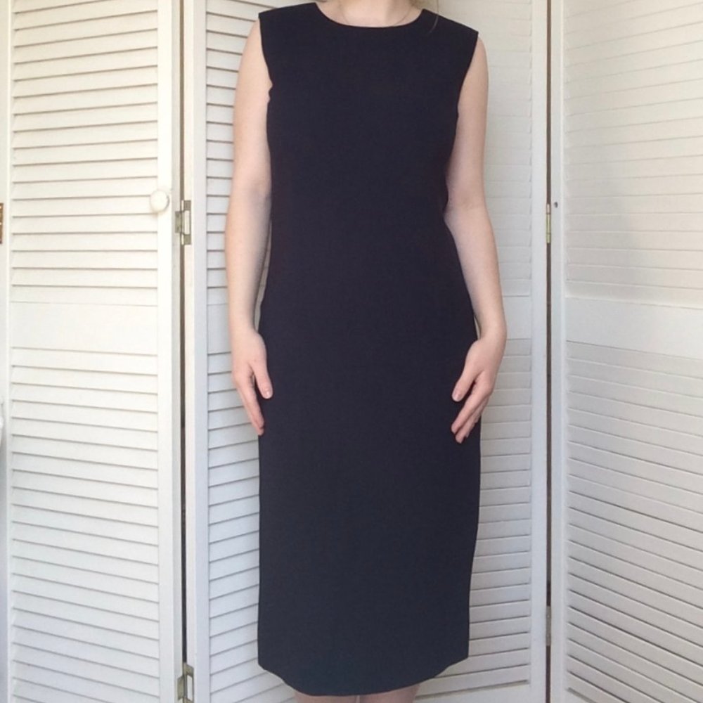 Navy, cocktail length sleeveless dress